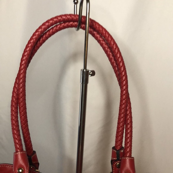 MC red embossed genuine leather satchel handbag with feet. - Picture 3 of 16